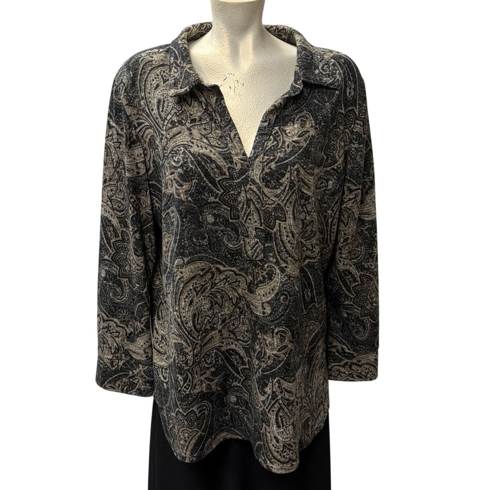 Boho Chic XL Paisley V-Neck Long Sleeve Tunic Top Gray Black